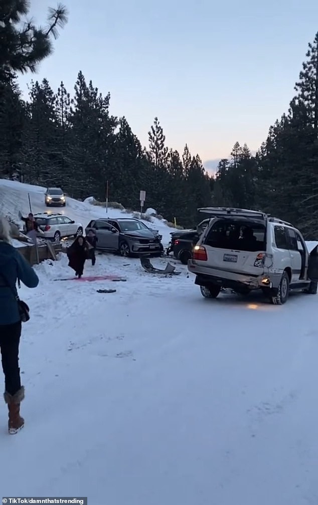 A dramatic 16-car crash ended up on the road to a popular Lake Tahoe resort as avid skiers rushed to the mountain because of the fresh snow