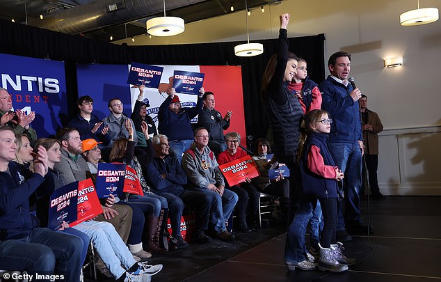 Governor DeSantis, Florida First Lady Casey DeSantis and their two daughters Madison, six, and Mamie, three, appear on Sunday, January 14 in Ankeny, Iowa