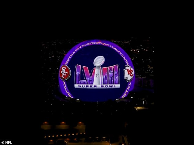 The Sphere was lit up with the Chiefs and 49ers logos Sunday night ahead of Super Bowl LVIII