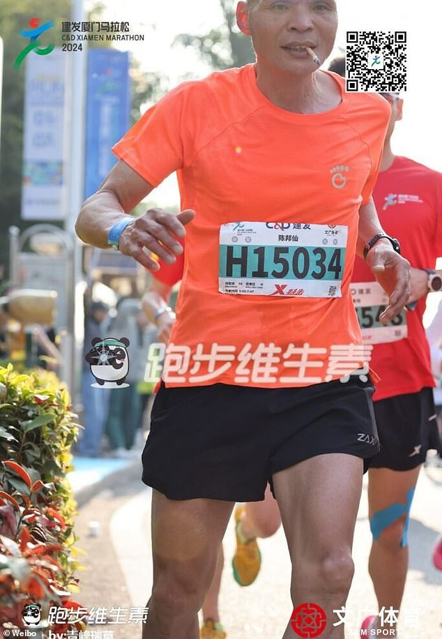 But despite crossing the finish line just five minutes slower than his 3:28 finish two years ago, the 52-year-old was disqualified for 'smoking on track'.