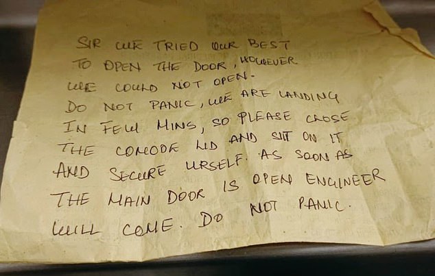 During the disaster, crew members passed the man a note that read: 