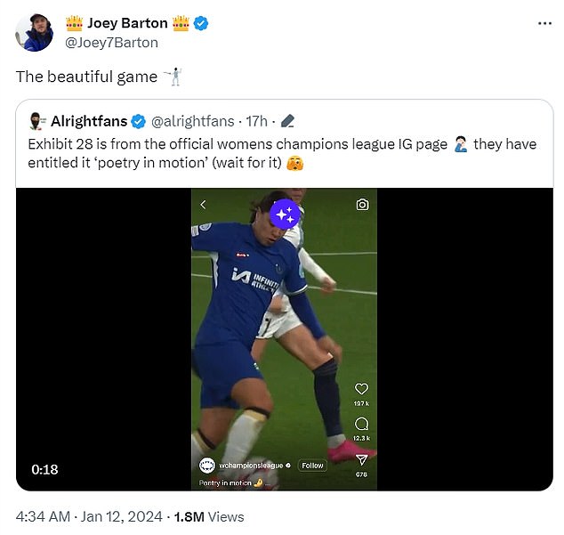 Now Barton has drawn Australian skipper Sam Kerr into the mess as he pokes fun at a Women's Champions League post showing the Australian scoring a goal for Chelsea