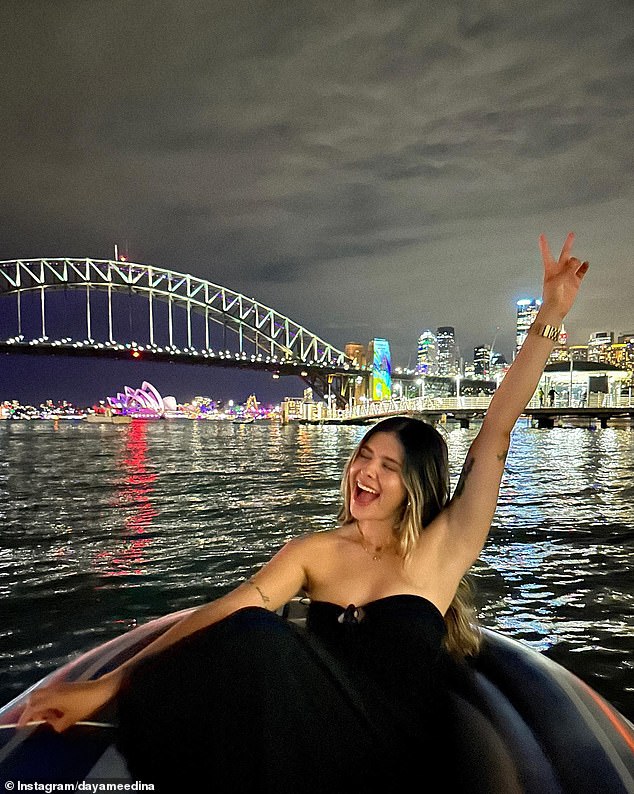 Daya Medina (pictured) boasted she had 'the best view without boats' after she and her husband paddled to the Sydney Harbor Bridge to watch the fireworks on New Year's Eve