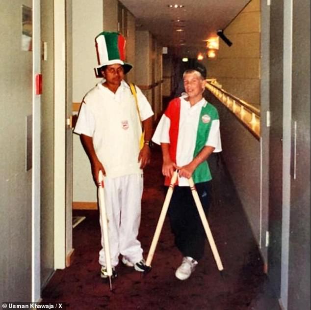 Usman Khawaja (left) shared a throwback photo with teammate David Warner (right)