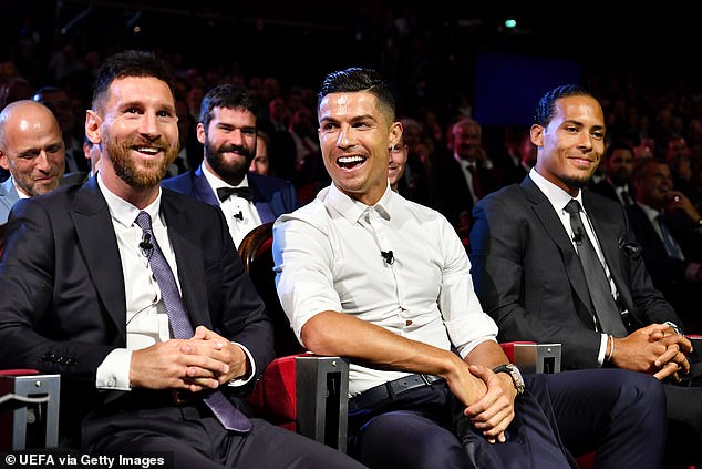 Lionel Messi, Cristiano Ronaldo and Virgil Van Dijk are seen during the 2019 Champions League draw