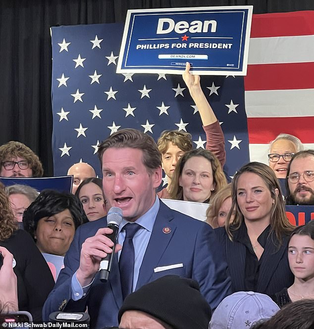 Democratic Rep. Dean Phillips held an election night party at the Millyard Museum in downtown Manchester, New Hampshire, telling his supporters he would continue his challenge against President Joe Biden after receiving 21 percent of the vote.