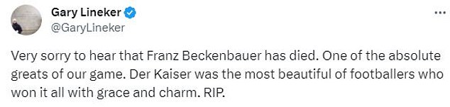 Gary Lineker was one of many football greats to pay tribute to Franz Beckenbauer