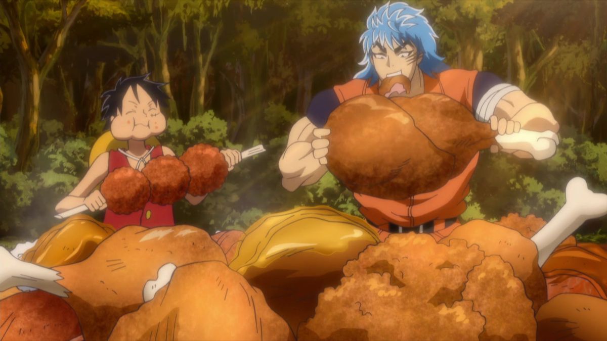 A black-haired anime boy in a red vest with a straw hat biting a piece of meat, next to a large, blue-haired anime man in an orange tracksuit eating a large drumstick.