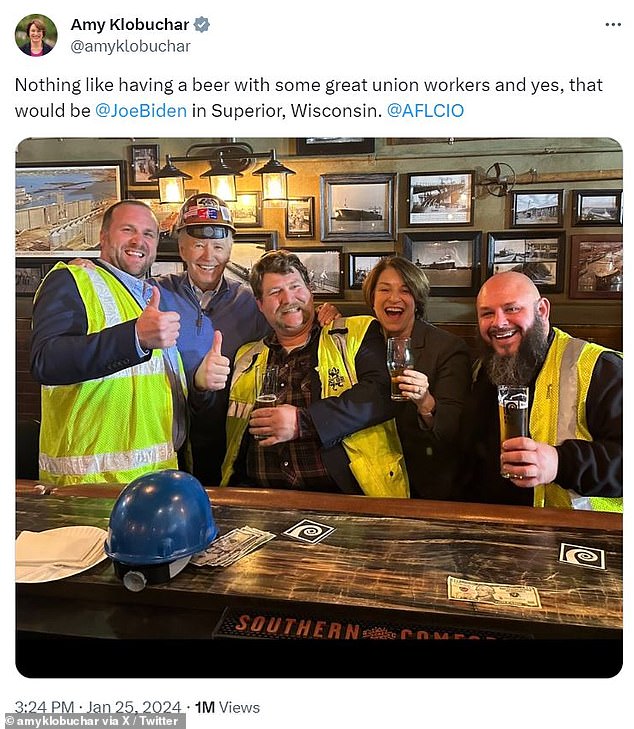 From Senator Amy Klobuchar's Twitter account: President Joe Biden speaks about his plans for investing in America and bipartisan infrastructure at Earth Rider Brewery in Superior, Wisconsin, on January 25, 2024.