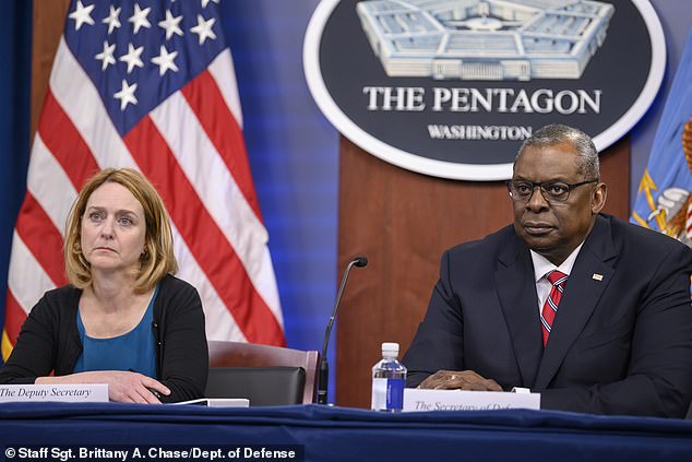 Defense Secretary Lloyd Austin's mysterious hospitalization was a secret hidden even from his deputy Kathleen Hicks, it has emerged.  (Photo: Austin and Hicks during a briefing at the Pentagon)