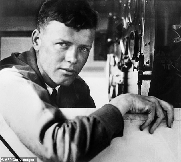 Charles Lindbergh Sr at the controls of his Spirit of St. Louis plane, during the first solo non-stop transatlantic flight between New York and Paris