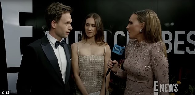 Actor Patrick J Adams (pictured, left) and his wife Troian Bellisario (pictured, centre) were interviewed at the Golden Globes