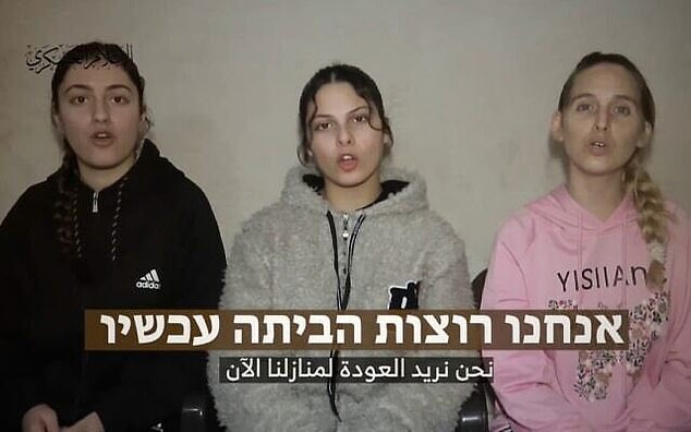 Karina Ariev, left, and Daniela Gilboa with Doron Steinbrecher, 30. In the video, Hamas warns that time is running out.  In the five-minute segment, which was reportedly recorded on January 21, the women are forced to blame Israel for the war