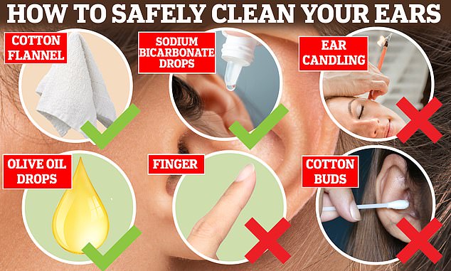 It can be tempting to pierce the ears in an attempt to remove the earwax.  But popular methods of loosening it – cotton swabs, fingers and candling – can do more harm than good, according to NHS GP Dr Suraj Kukadia.  Instead, he recommended simply using a cotton flannel to wipe the outside of the ear