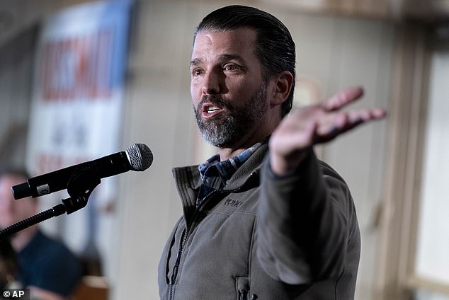 Donald Trump Jr.  was deployed on the campaign trail in Iowa on Thursday, mocking his father's former UN ambassador.  Nikki Haley and Florida Governor Ron DeSantis, while former President Donald Trump sat in court