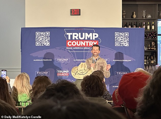 Donald Trump Jr.  showed up more than three hours late Monday for one of the final pitches for his father's candidacy in Iowa, delivering remarks in Ankeny just hours before caucus locations opened