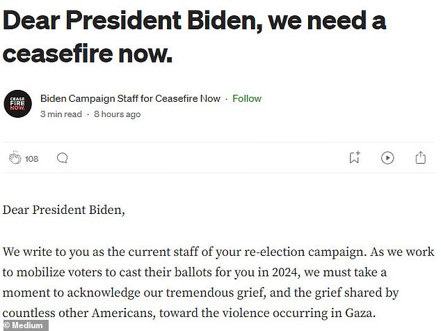 President Biden was hit from within after a group of seventeen current Biden campaign staffers published a letter criticizing Biden for his 'tough love' approach to the Israel-Hamas war