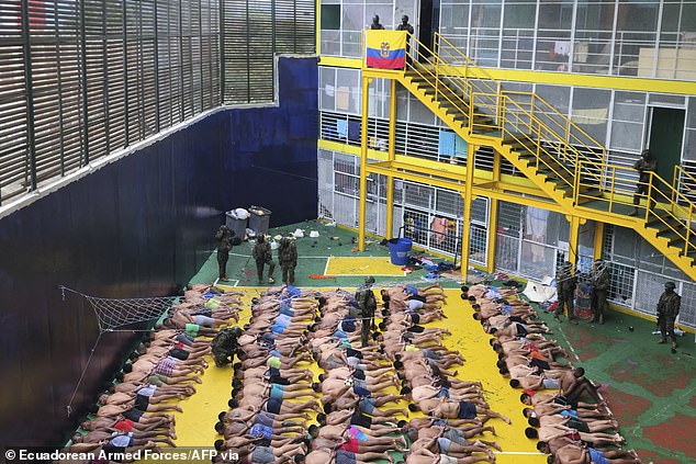 Ecuador's war against gangs saw hundreds of soldiers storm a prison and handcuff prisoners in their underwear on Thursday (pictured), taking back control of the Litoral prison complex following the escape of the country's most wanted crime boss