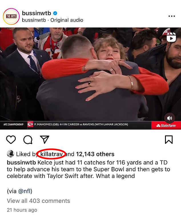 Travis Kelce liked a video of himself kissing his girlfriend Taylor Swift on Instagram on Monday