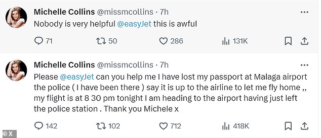 The actress sought help from her airline Easyjet on Monday after losing her passport at the airport, forcing her to miss her flight back to Britain.