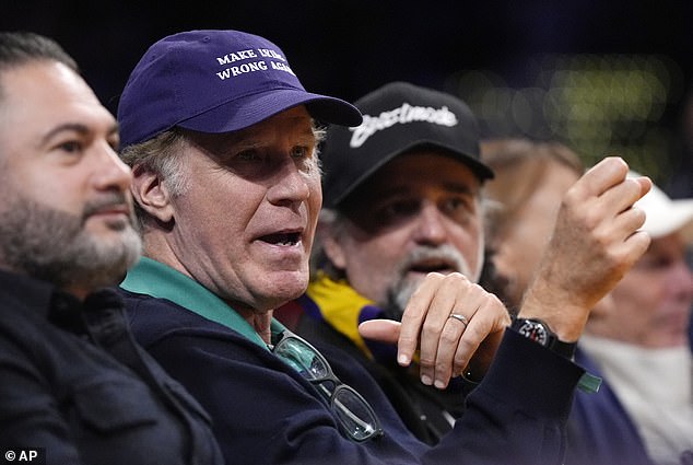 The actress was joined by Will Ferrell, who cut a casual figure in a blue sweater and a statement blue baseball cap that read: 'Make lying wrong again'