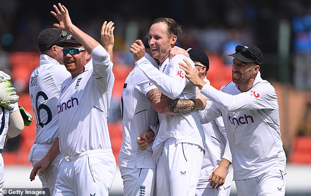 England debutant Tom Hartley (C) was the star of the show in a famous first Test win