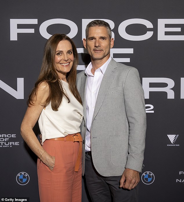 Eric Bana and his wife Rebecca Gleeson put on a loving show at the world premiere of his latest film Force of Nature: The Dry 2 in Melbourne on Sunday.  Both shown