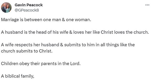 Peacock also believes that 'marriage is between one man and one woman'