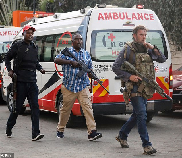 Craighead (pictured far right after the incident) wanted to publish his account of the day five terrorists stormed the Dusit D2 hotel complex in Nairobi in January 2019, killing 21 people