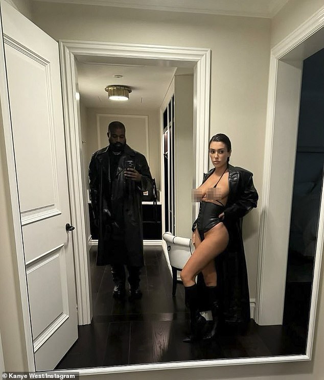 A far cry from her days as a little-known Melbourne architect, Bianca Censori (right), 28, made global headlines on Tuesday after her husband Kanye West (left), 46, shared a trio of raunchy photos of her posing in barely any clothing on Instagram