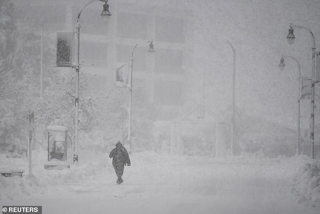 Forecasters said there is a risk of flooding from northern Virginia to southern New England due to highly saturated ground following a storm this weekend.  Pictured: A person walks through the snow in Worcester, Massachusetts, on Sunday