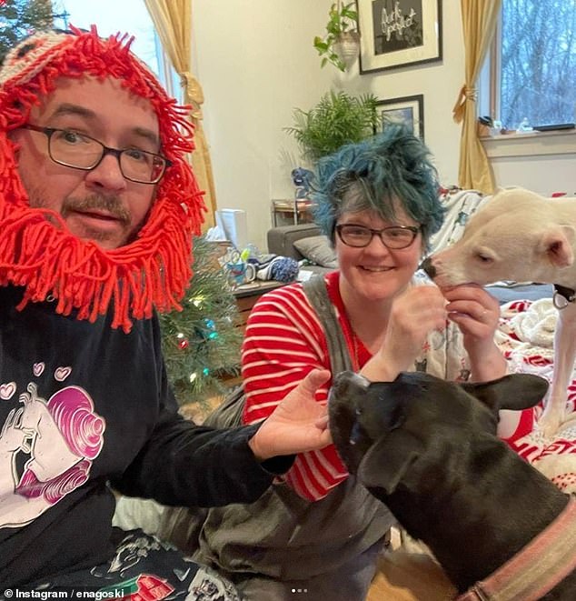 Emily Nagoski (right), 46, and her husband, 47-year-old cartoonist Rich Stevens (left), before publishing several books about women and desire, which required her to close her bedroom door to prevent dogs from interfering with their lovemaking