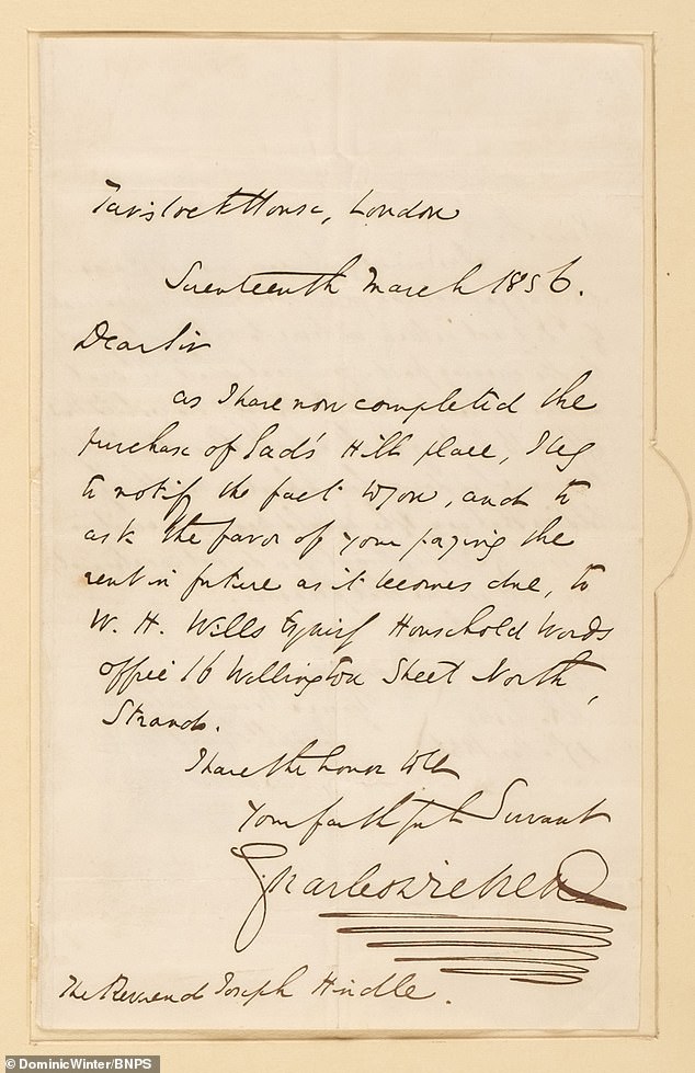 Dickens' letter, dated March 17, 1856, making arrangements for the payment of rent following his purchase of Gad's Hill PLAce