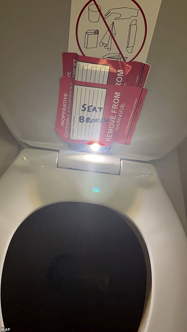 The teen entered the bathroom and noticed red stickers on the underside of the toilet seat lid that read 