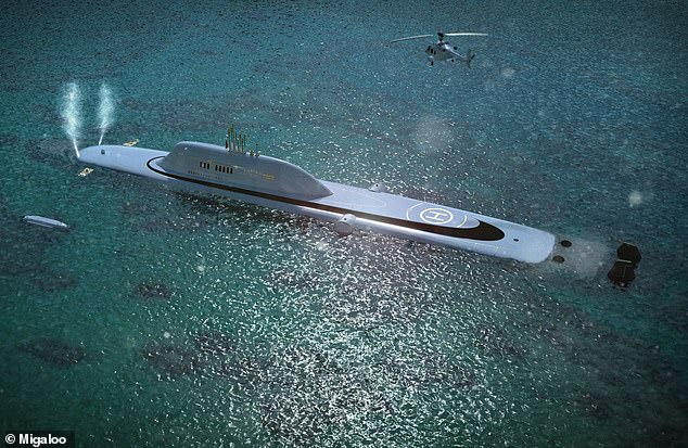 Measuring 170 meters in length, the 'Migaloo M5' can carry 20 passengers and 40 crew while remaining submerged continuously for four weeks