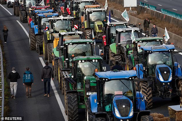 People walk next to tractors on the A1 highway during a protest against price pressure, taxes and green regulations