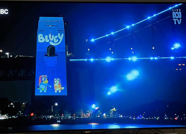 Popular cartoon characters from the children's television program Bluey were projected onto the Harbor Bridge