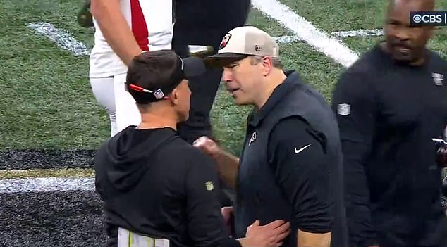 Falcons coach Arthur Smith (R) was furious with the Saints' Dennis Allen after a late TD with 1:00 to go