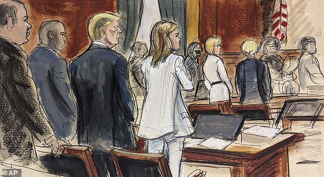 In this courtroom sketch, potential jurors enter the courtroom as Donald Trump, third from left, stands surrounded by his defense team.  Alina Habba, fourth from left, Trump's lead lawyer, stands next to him.  E. Jean Carroll, background second from right, stands with her lawyer Roberta Kaplan, Tuesday, January 16, 2024, in New York