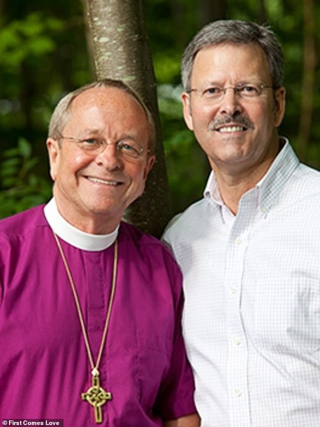 The Rev. Gene Robinson was consecrated the ninth Bishop of New Hampshire in November 2003.  During the ceremony he wore a bulletproof vest because he feared for his life as the first gay bishop in the church.  He is pictured with his ex-husband Mark Andrew