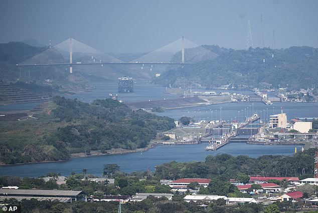 A cargo ship waits at the Centennial Bridge to pass through the locks of the Panama Canal, in Panama City, Wednesday, January 17, 2024. Canal operators now estimate that falling water levels could cost them between £395 million and £551 million by 2024.