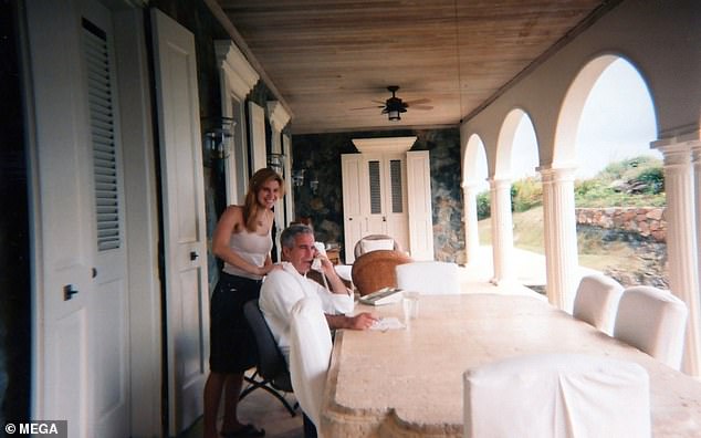 Epstein threw parties for the rich and famous at Little St James, with celebrities from Prince Andrew to Stephen Hawking among his guests.  In the photo: Jeffrey Epstein is massaged by his assistant Sarah Kellen on his private island