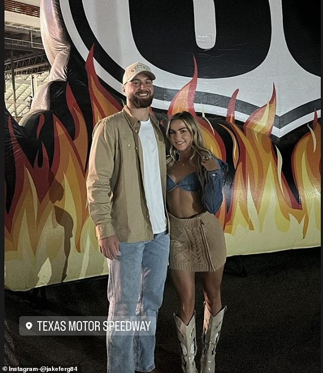 Jake Ferguson and Cavinder posed at Texas Motor Speedway in a photo he shared to his Instagram Story