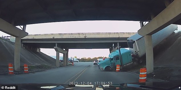 It shows how he avoids being hit by just a split second - and how the 18-wheeler suddenly appeared in front of him after running off the road above