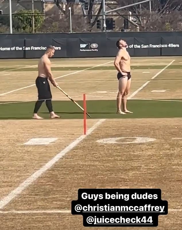 Niners Christian McCaffrey (L) and Kyle Juszczyk were outside enjoying the sun