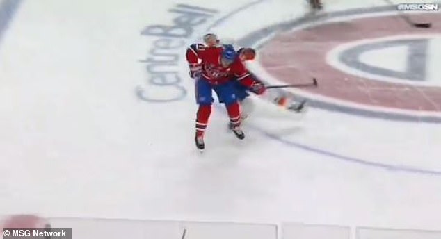 Gallagher's elbow struck Pelech's face, leading to match misconduct and ejection