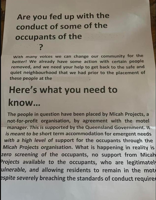 Residents of one of Brisbane's wealthiest suburbs, Hamilton, have written a letter (pictured) urging 'action' against a motel housing the homeless