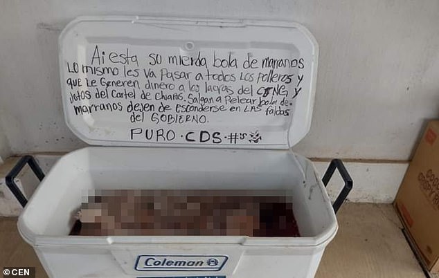 Hitmen from Mexico's 'Sinaloa Cartel' reportedly left a cooler full of severed human heads at a gas station in La Concordia, southern Mexico, with a note warning their rivals to 'stop hiding'