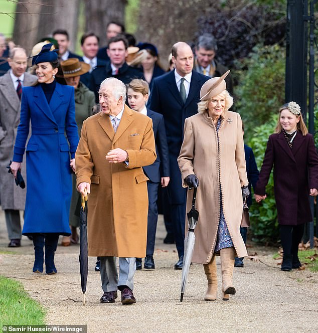 King Charles will undergo medical treatment for an enlarged prostate next week.  Pictured: Charles, Camilla and other members of the royal family attended last year's Christmas morning church service at Sandringham