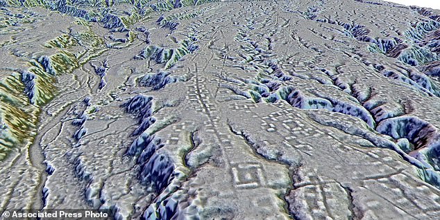 Archaeologists have discovered a huge lost ancient find in the Amazon rainforest, where at least 10,000 farmers lived some 2,000 years ago.  Pictured: ALIDAR image provided by researchers in January 2024 shows complexes of rectangular platforms arranged around low plazas and spread over wide dug streets at the Kunguints site, Upano Valley in Ecuador